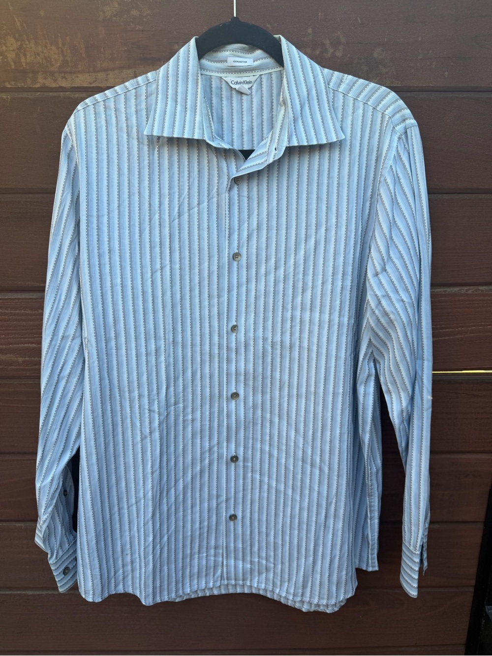 Calvin Klein Men's Blue and White Vertical Stripe Dress Shirt